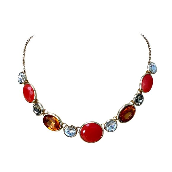 Monet Statement Necklace Gold-Tone With Red Orange & Clear Cabochon & Crystal St - Picture 2 of 9